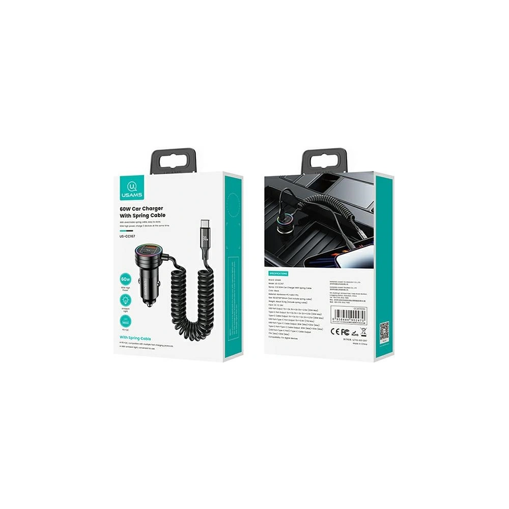 Hurtownia GSM - Auto-Ladegerät mit Spiralkabel USAMS 2xUSB-C 1xUSB-A C33 60W schwarz CC167CC01 (US-CC167) - USA901 - {ean13} - Hurt