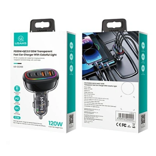 Ładowarka Samochodowa USAMS 2xUSB-C 2xUSB-A C34 120W czarna CC169CC02 (US-CC169)