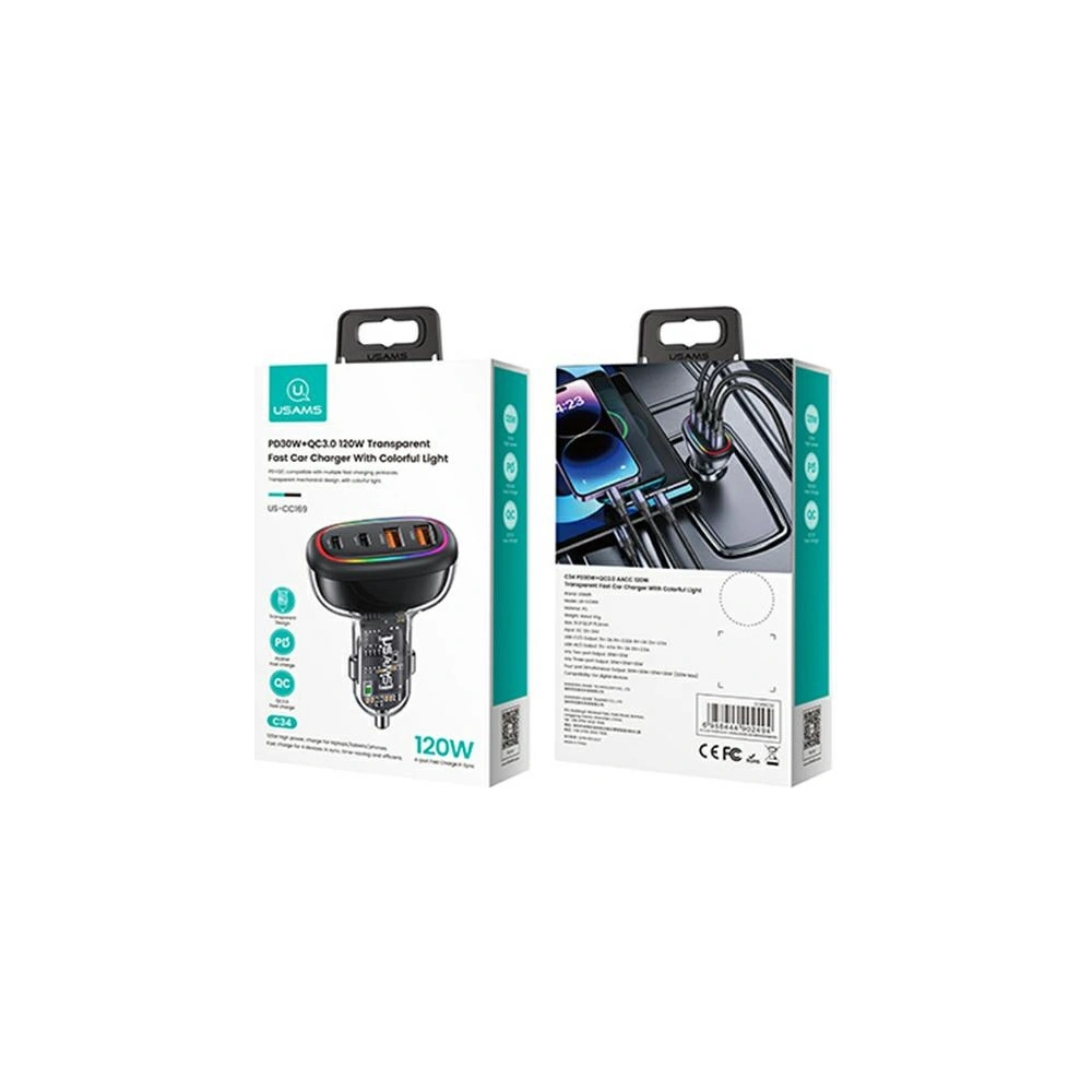 Hurtownia GSM - Autonabíječka USAMS 2xUSB-C 2xUSB-A C34 120W černá CC169CC02 (US-CC169) - USA902 - {ean13} - Hurt