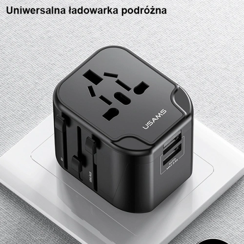 Ładowarka Sieciowa USAMS 2xUSB T55 12W adapter uniwersalny 4w1 US/AU/EU/UK czarny CC173TC01 (US-CC173) 