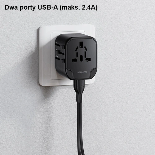 Ładowarka Sieciowa USAMS 2xUSB T55 12W adapter uniwersalny 4w1 US/AU/EU/UK czarny CC173TC01 (US-CC173) 