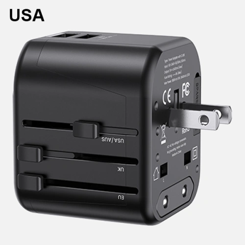 Ładowarka Sieciowa USAMS 2xUSB T55 12W adapter uniwersalny 4w1 US/AU/EU/UK czarny CC173TC01 (US-CC173) 