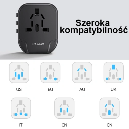 Ładowarka Sieciowa USAMS 2xUSB T55 12W adapter uniwersalny 4w1 US/AU/EU/UK czarny CC173TC01 (US-CC173) 