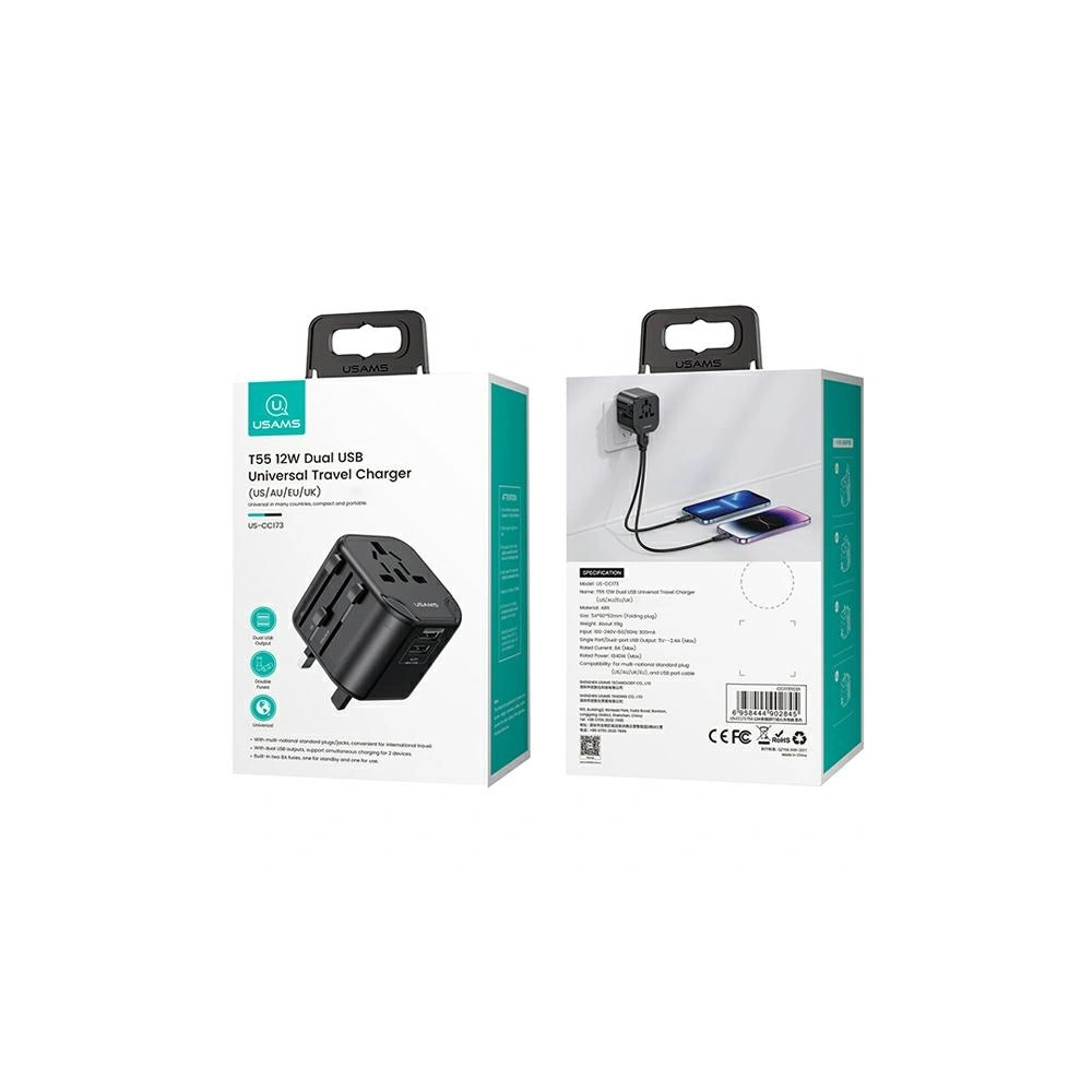 Hurtownia GSM - USAMS Netzteil 2xUSB T55 12W universeller Adapter 4w1 US/AU/EU/UK schwarz CC173TC01 (US-CC173) - USA904 - {ean13} - Hurt