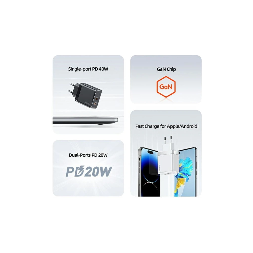 Hurtownia GSM - Încărcător de rețea USAMS 2xUSB-C T54 40W PD negru CC172TC01 (US-CC172) - USA905 - {ean13} - Hurt