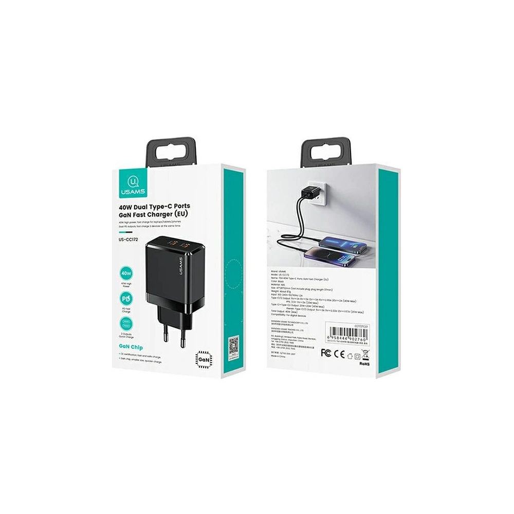 Hurtownia GSM - Încărcător de rețea USAMS 2xUSB-C T54 40W PD negru CC172TC01 (US-CC172) - USA905 - {ean13} - Hurt