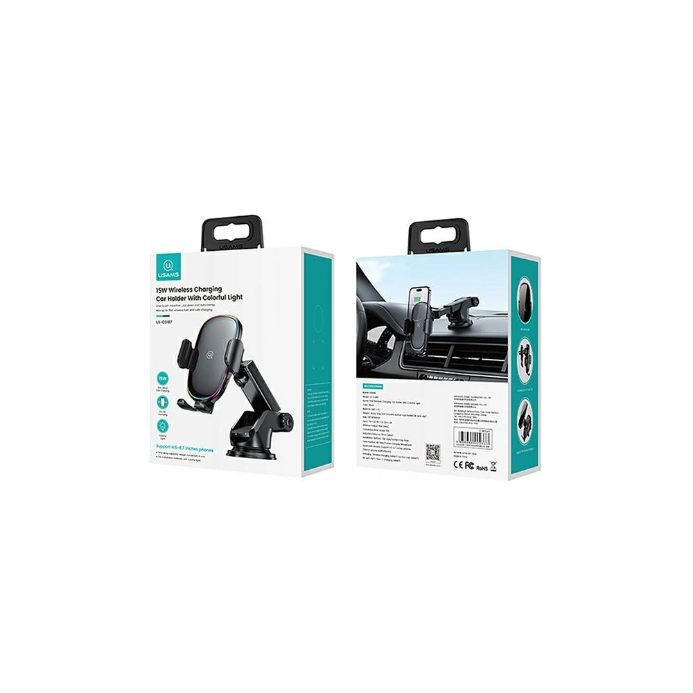 Hurtownia GSM - Automatischer Halter mit induktiver Ladung USAMS US-CD187 15W für Scheibe/Armaturenbrett schwarz CD187ZJ01 - USA912 - {ean13} - Hurt
