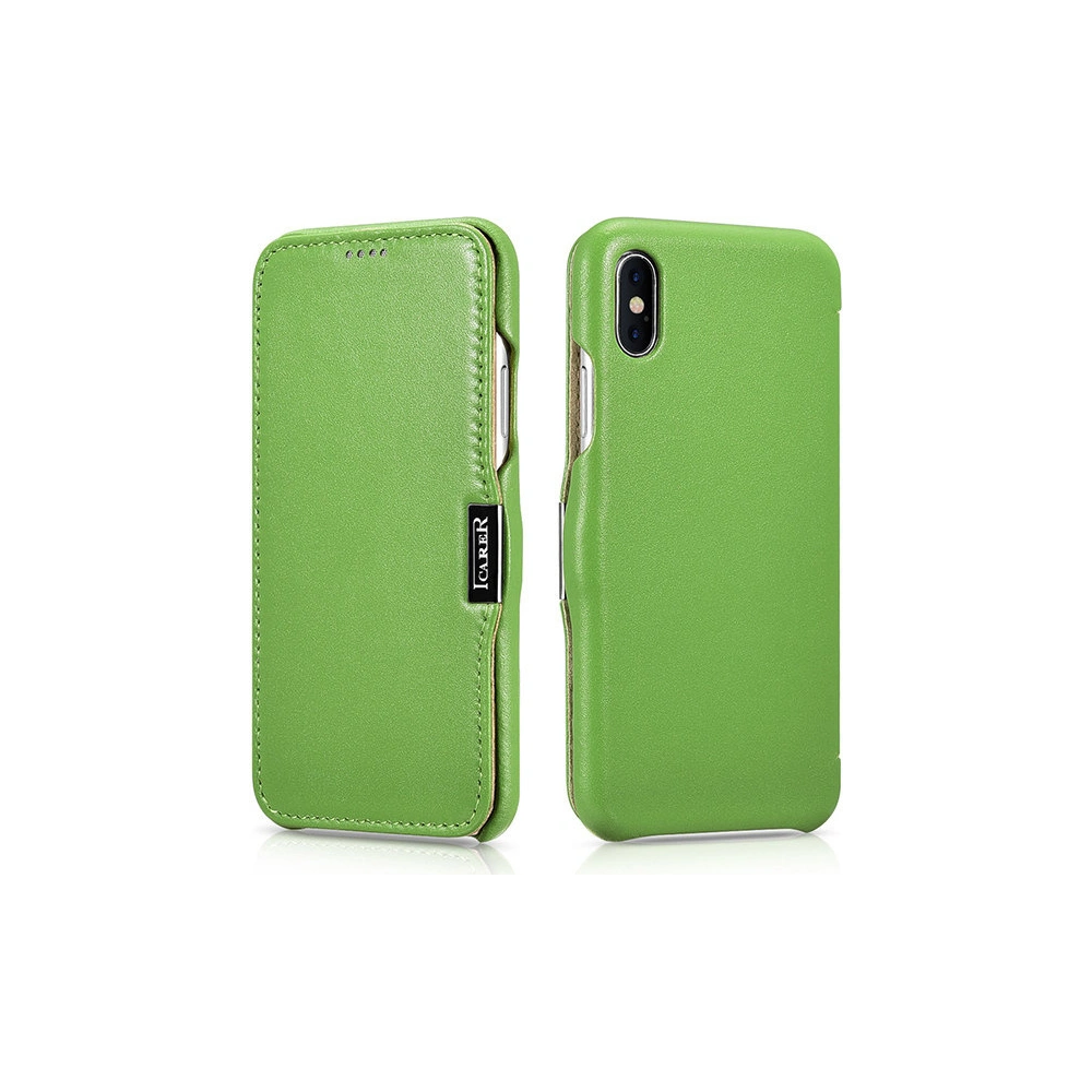 Hurtownia GSM - Eui Bőrtok klappal/zárható iCarer Fém Klipsz Vintage Folio iPhone XS / iPhone X Zöld (RIX02-GN) - ICR483 - {ean13} - Hurt