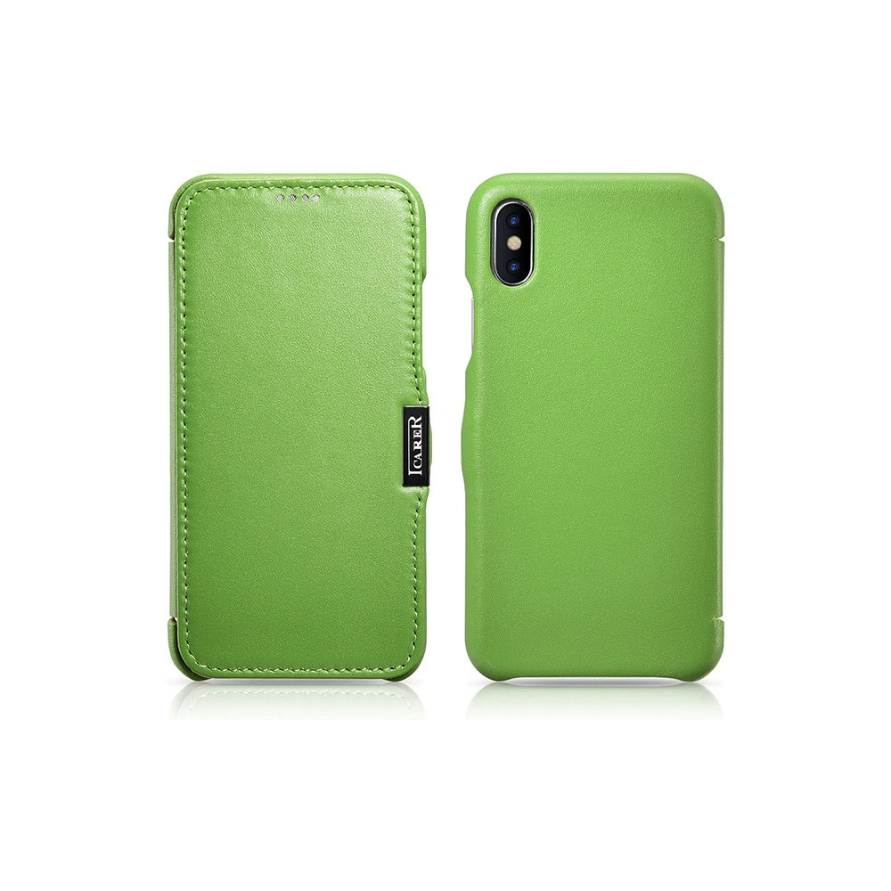 Hurtownia GSM - Eui Bőrtok klappal/zárható iCarer Fém Klipsz Vintage Folio iPhone XS / iPhone X Zöld (RIX02-GN) - ICR483 - {ean13} - Hurt