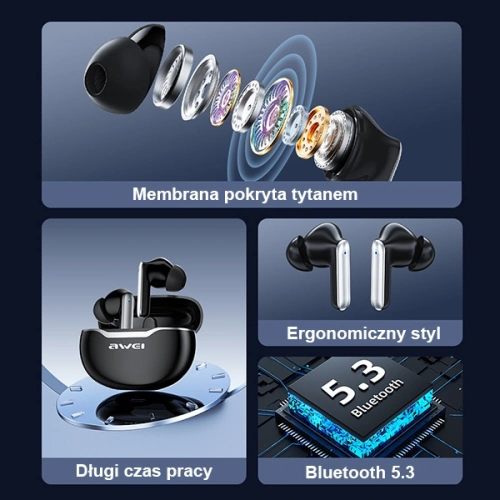 Słuchawki TWS AWEI Bluetooth 5.3 T50 + stacja dokująca czarne