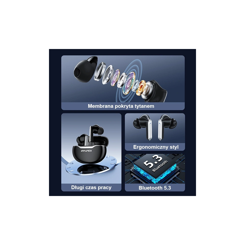 Wholesale AWEI Earphones Bluetooth 5.3 T50 TWS + stacja dokująca czarny/black - AWEI123 - {ean13} - Hurt