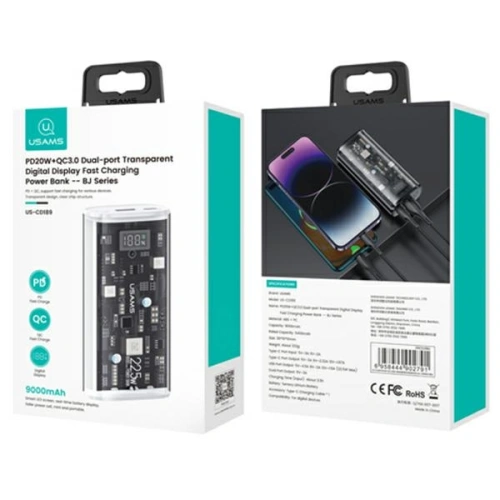 Powerbank USAMS 9000mAh PD 20W QC3.0+PD Dual-Port Fast Charge biały/white (US-CD189)