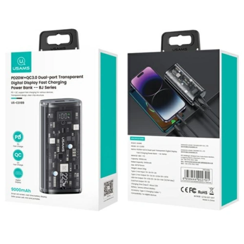 Powerbank USAMS 9000mAh PD 20W QC3.0+PD Dual-Port Fast Charge czarny/black (US-CD189)