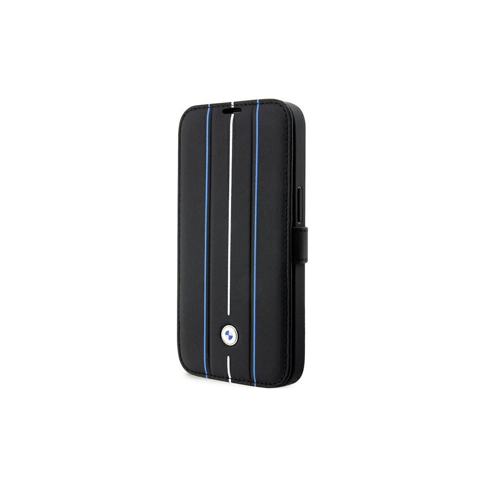 Hurtownia GSM - Etui BMW BMBKP14X22RVSK Apple iPhone 14 Pro Max fekete/black könyvtok Bőr Bélyeg Kék Csíkok - BMW350 - {ean13} - Hurt