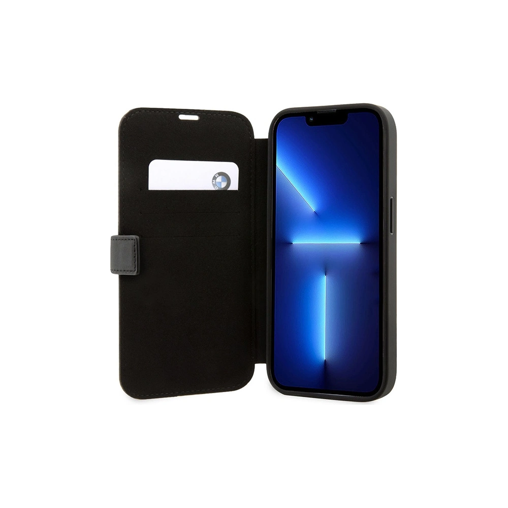 Hurtownia GSM - Etui BMW BMBKP14X22RVSK Apple iPhone 14 Pro Max fekete/black könyvtok Bőr Bélyeg Kék Csíkok - BMW350 - {ean13} - Hurt