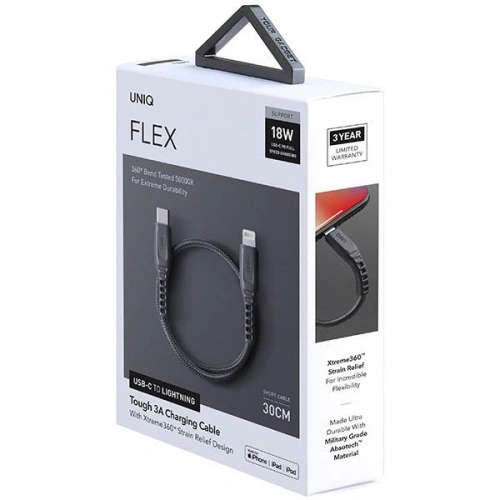 Kabel UNIQ Flex USB-C/Lightning 18W 30cm Nylon szary/charcoal grey