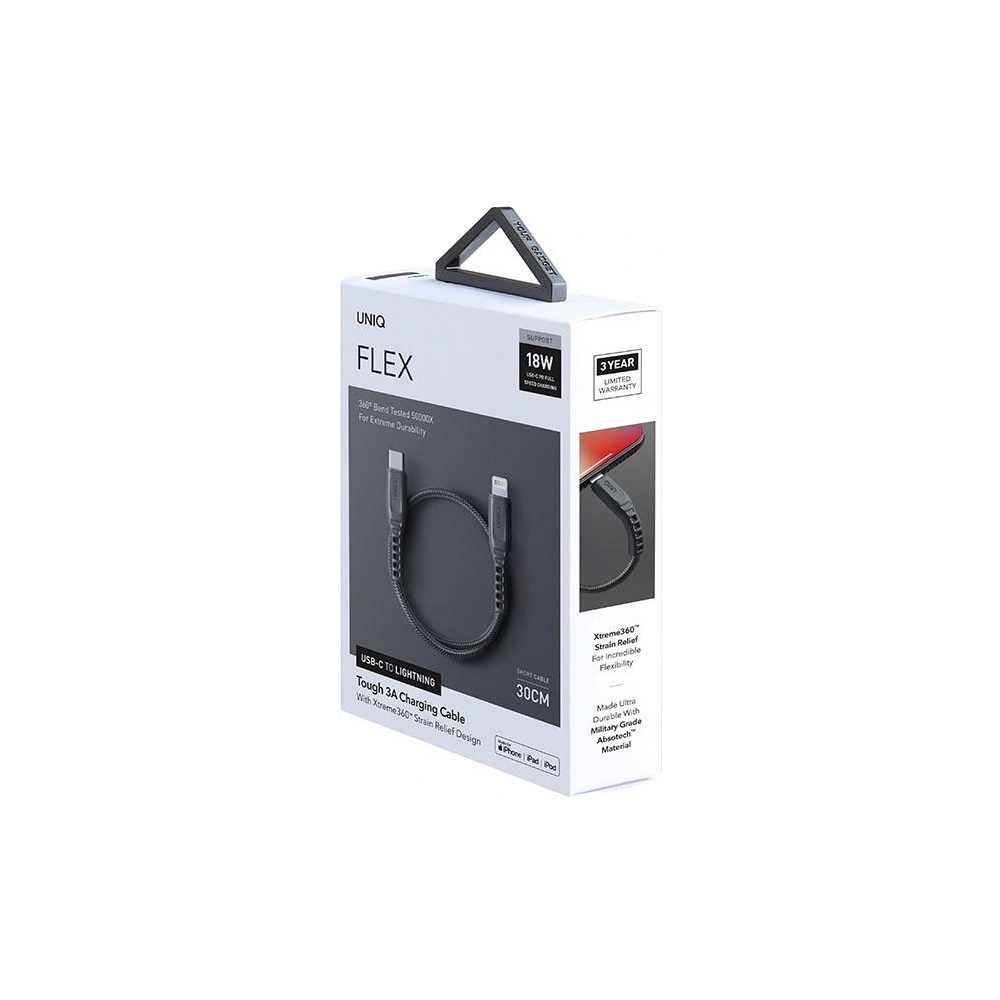 Hurtownia GSM - UNIQ Flex USB-C/Lightning 18W 30cm Nylon kábel szürke/antracit színben - UNIQ878 - {ean13} - Hurt