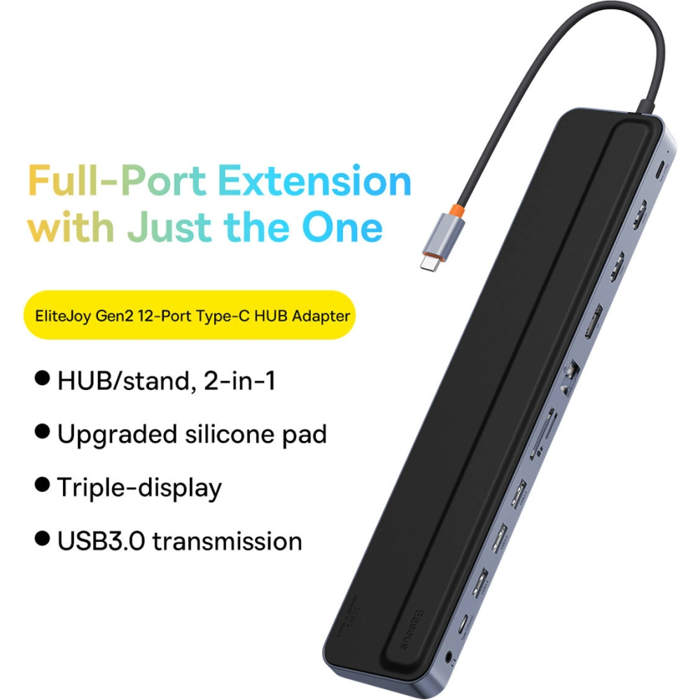 Wholesale HUB Baseus EliteJoy Gen2 USB 12in1 with USB-C cable 25cm USB-A/USB-C/DP/HDMI/SD/TF/RJ45/3,5mm jack/PD 100W gray - BSU3978 - {ean13} - Hurt