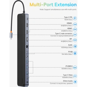 Hurtownia GSM - HUB Baseus EliteJoy Gen2 USB 12w1 USB-C 25cm USB-A/USB-C/DP/HDMI/SD/TF/RJ45/3,5mm jack/PD 100W szürke - BSU3978 - {ean13} - Hurt