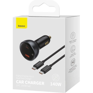 Hurtownia GSM - Autós töltő Baseus digitális kijelző USB-A/USB-C PD 3.1 140W + USB-C 5A 240W 1m fekete kábel - BSU3979 - {ean13} - Hurt