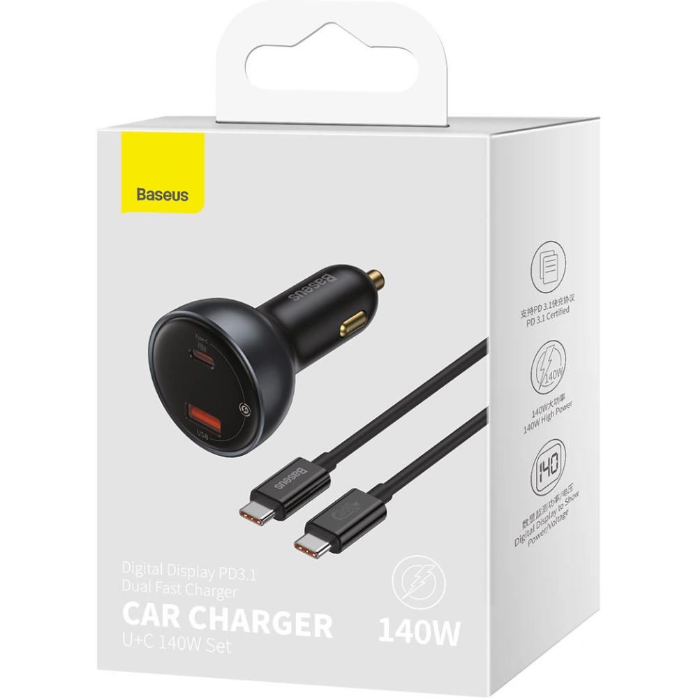 Hurtownia GSM - Încărcător auto Baseus Display Digital USB-A/USB-C PD 3.1 140W + cablu USB-C 5A 240W 1m negru - BSU3979 - {ean13} - Hurt