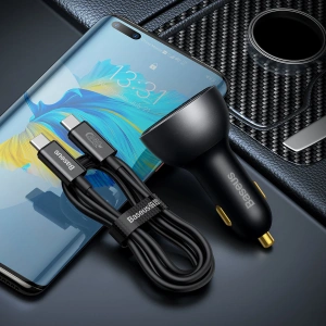 Hurtownia GSM - Autós töltő Baseus digitális kijelző USB-A/USB-C PD 3.1 140W + USB-C 5A 240W 1m fekete kábel - BSU3979 - {ean13} - Hurt