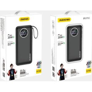 Hurtownia GSM - Powerbank Dudao K15sB 10000mAh 1xUSB-A / 1xUSB-C 22.5W s vestavěným kabelem 1xLightning / 1xUSB-C černý - DDA257 - {ean13} - Hurt
