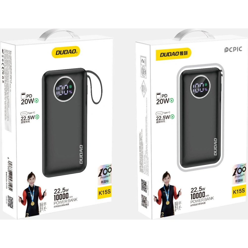 Hurtownia GSM - Powerbank Dudao K15sB 10000mAh 1xUSB-A / 1xUSB-C 22.5W s vestavěným kabelem 1xLightning / 1xUSB-C černý - DDA257 - {ean13} - Hurt