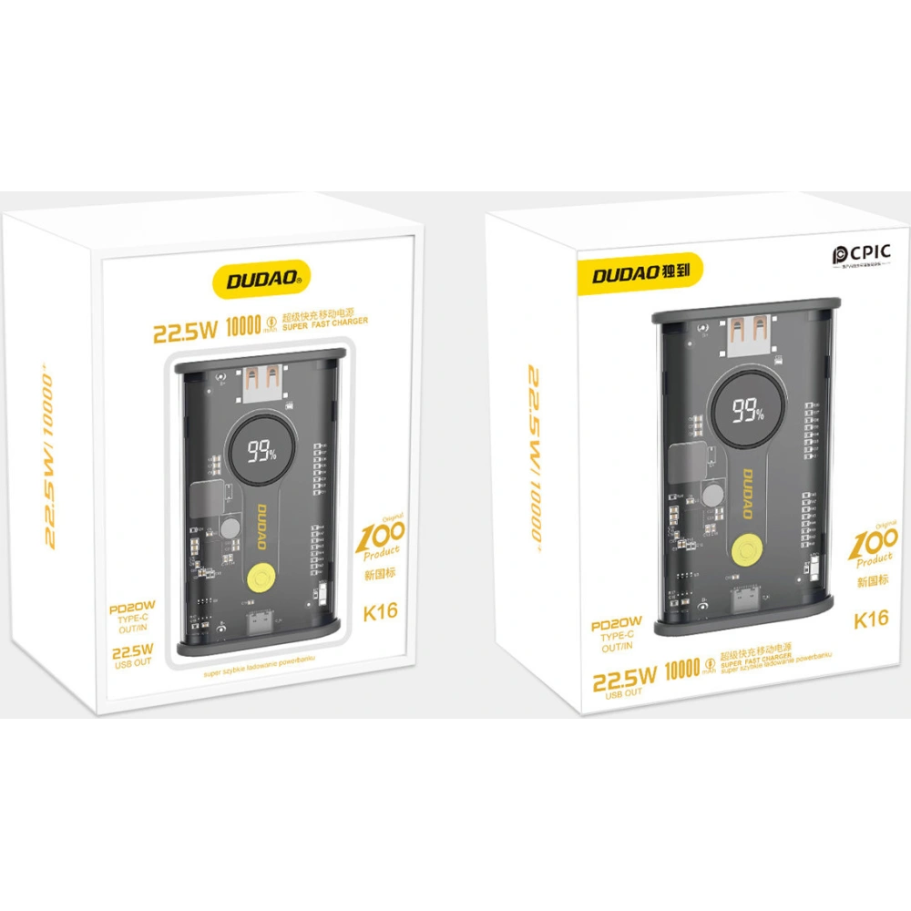 Hurtownia GSM - Powerbank Dudao K16 10000mAh 1xUSB-C / 1xUSB-A 22.5W PD černý - DDA259 - {ean13} - Hurt