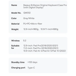 Hurtownia GSM - Etui Baseus Brilliance Keyboard Apple iPad Air 10.9 (4. și 5. gen)/iPad Pro 11 (1., 2. și 3. gen)/iPad 10.9 2022 (10. gen) gri - BSU3993 - {ean13} - Hurt