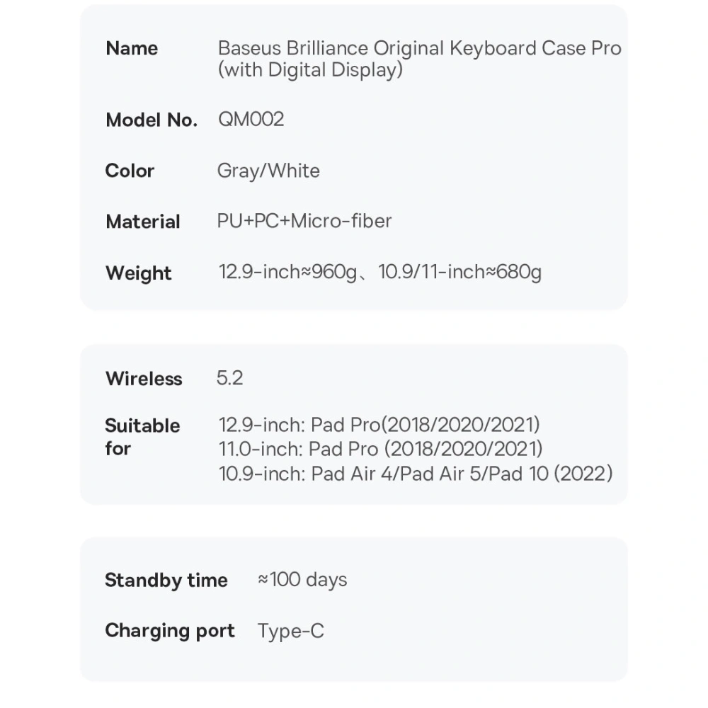 Hurtownia GSM - Etui Baseus Brilliance Keyboard Apple iPad Air 10.9 (4. és 5. gen)/iPad Pro 11 (1., 2. és 3. gen)/iPad 10.9 2022 (10. gen) szürke - BSU3993 - {ean13} - Hurt