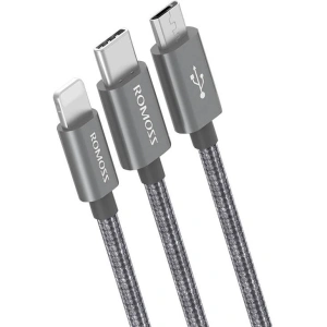 Hurtownia GSM - USB kábel Romoss CB25N 3w1 USB-A/USB-C - Lightning - microUSB 3A 1m (szürke) - ROM50 - {ean13} - Hurt