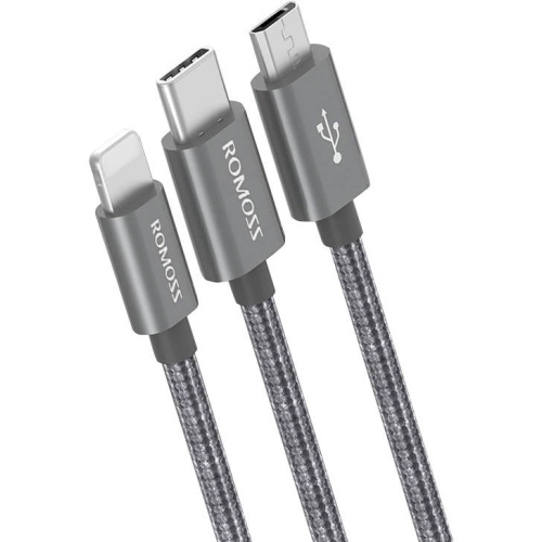 Romoss Distributor - 6936857202554 - ROM50 - USB cable Romoss CB25N 3in1 USB-A/USB-C - Lightning - microUSB 3A 1m (gray) - B2B homescreen