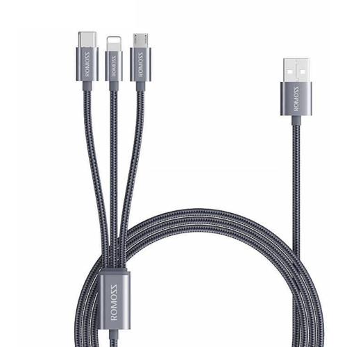 Hurtownia Romoss - 6973693494910 - ROM52 - Kabel USB Romoss CB25A 3w1 USB-A/USB-C - Lightning - microUSB 3A 1.5m (szary) - B2B homescreen