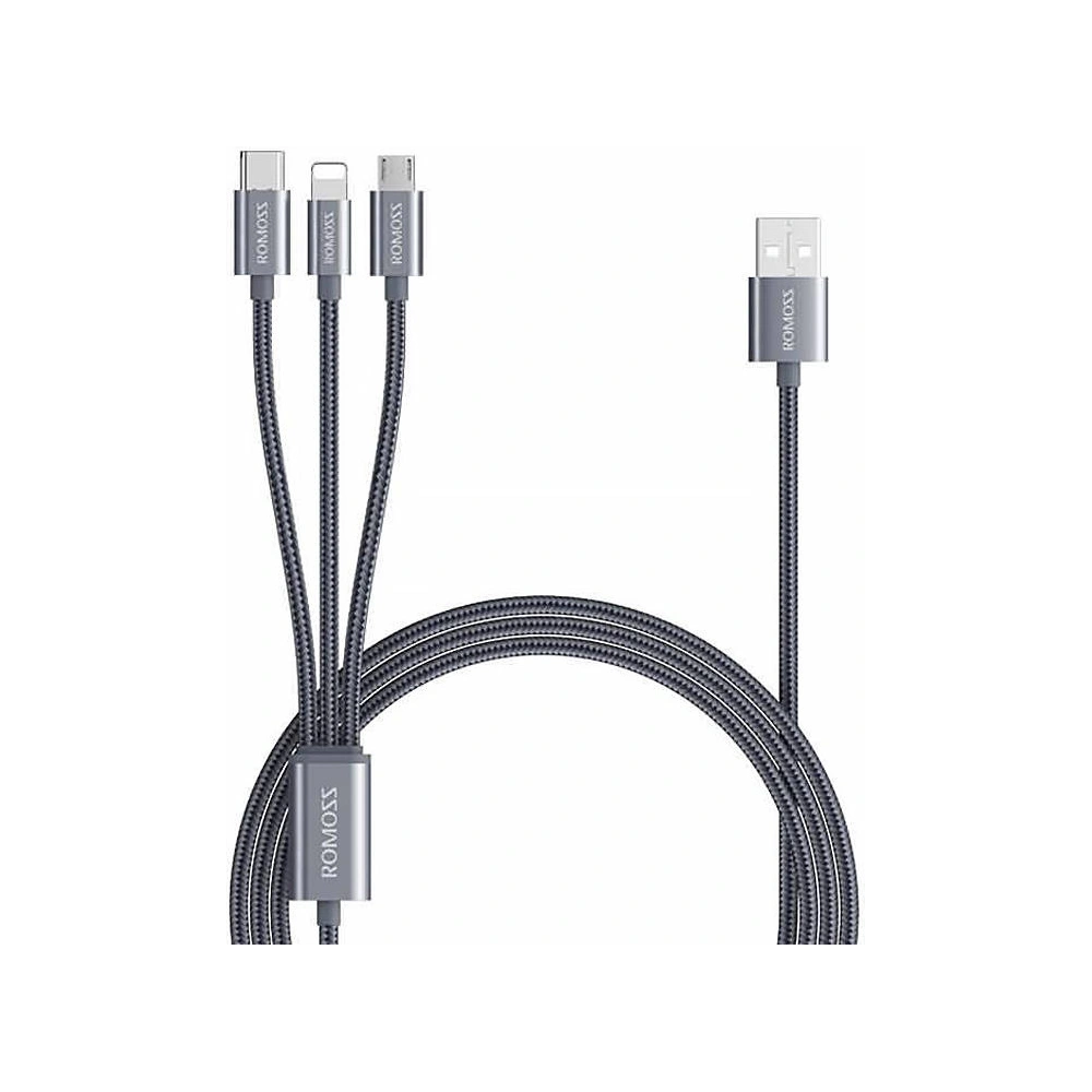 Hurtownia GSM - Cablul USB Romoss CB25A 3w1 USB-A/USB-C - Lightning - microUSB 3A 1.5m (gri) - ROM52 - {ean13} - Hurt
