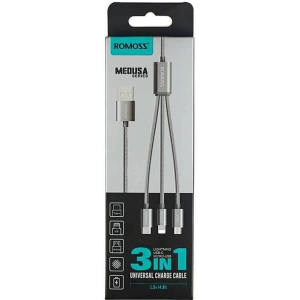 Hurtownia GSM - USB kábel Romoss CB25A 3w1 USB-A/USB-C - Lightning - microUSB 3A 1.5m (szürke) - ROM52 - {ean13} - Hurt