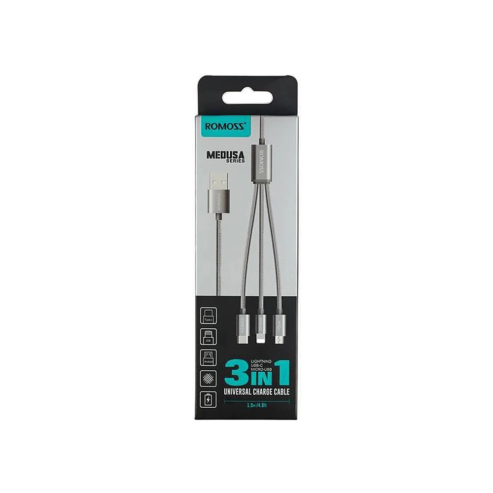 Hurtownia GSM - Cablul USB Romoss CB25A 3w1 USB-A/USB-C - Lightning - microUSB 3A 1.5m (gri) - ROM52 - {ean13} - Hurt