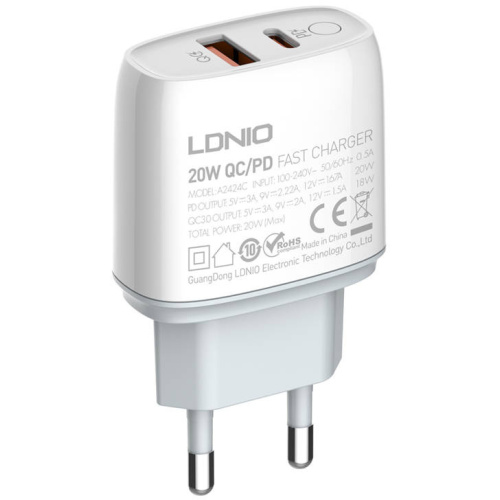 LDNIO Distributor - 5905316144477 - LDN55 - LDNIO A2424C USB, USB-C 20W mains charger + USB-C/USB-C cable - B2B homescreen