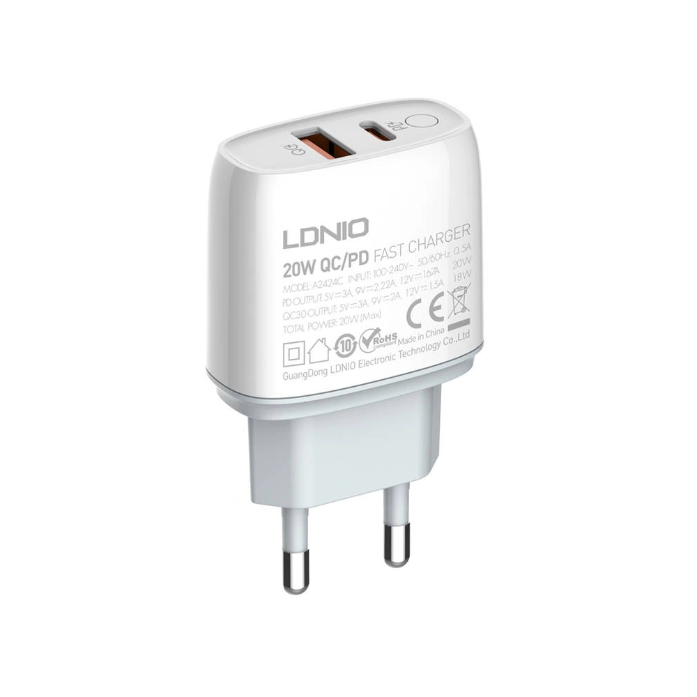 Hurtownia GSM - Hálózati töltő LDNIO A2424C USB, USB-C 20W + USB-C/USB-C kábel - LDN55 - {ean13} - Hurt
