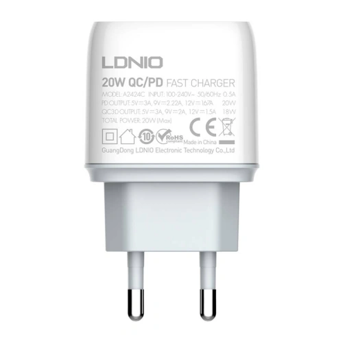 Ładowarka sieciowa LDNIO A2424C USB, USB-C 20W + kabel USB-C/USB-C