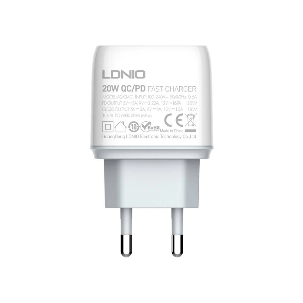 Hurtownia GSM - Hálózati töltő LDNIO A2424C USB, USB-C 20W + USB-C/USB-C kábel - LDN55 - {ean13} - Hurt