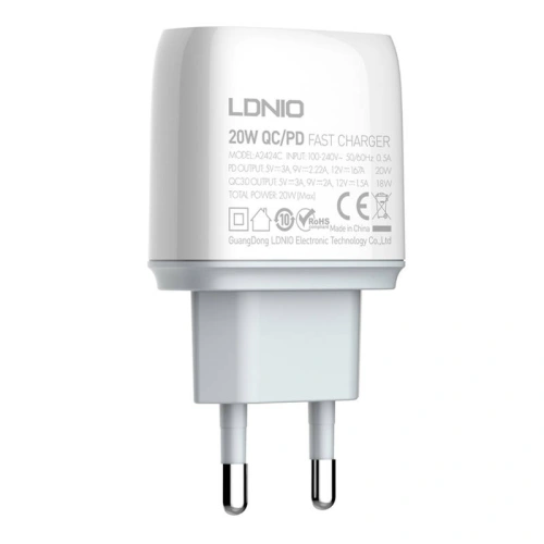 Ładowarka sieciowa LDNIO A2424C USB, USB-C 20W + kabel USB-C/USB-C