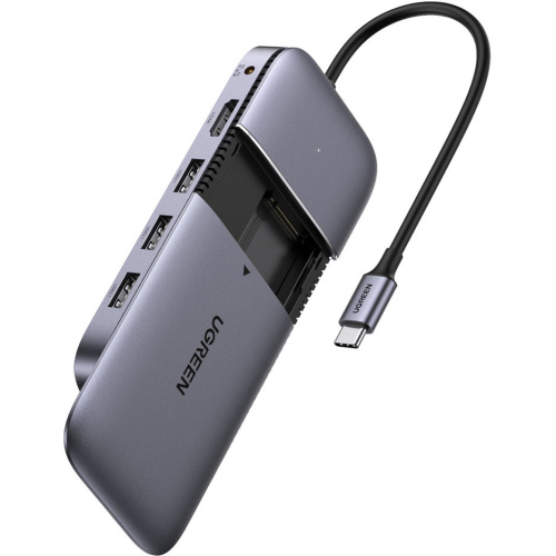 Ugreen Distributor - 6957303874491 - UGR1483 - Hub UGREEN CM296 6in1 USB-C / 3x USB 3.2 Gen 2 (10Gbps) - HDMI 4K 60Hz - USB-C PD - DC case for SSD SATA M.2 gray - B2B homescreen