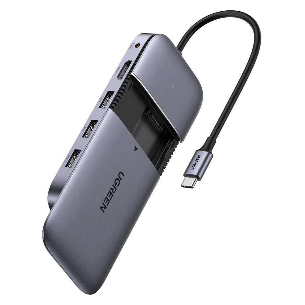 Hurtownia GSM - Hub UGREEN CM296 6v1 USB-C / 3x USB 3.2 Gen 2 (10Gbps) - HDMI 4K 60Hz - USB-C PD - DC kapsa na SSD disk SATA M.2 šedá - UGR1483 - {ean13} - Hurt