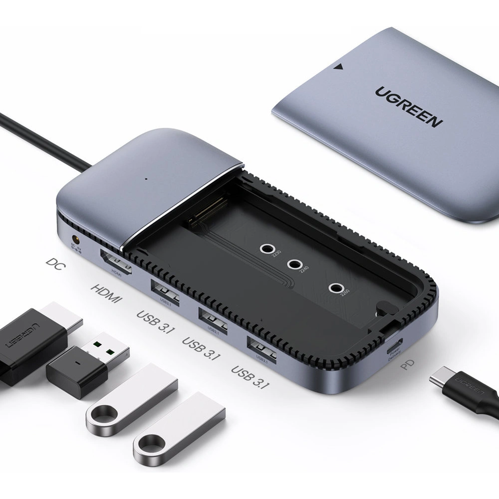 Hurtownia GSM - UGREEN CM296 6w1 USB-C / 3x USB 3.2 Gen 2 (10Gbps) - HDMI 4K 60Hz - USB-C PD - DC SSD M.2 SATA meghajtóház szürke - UGR1483 - {ean13} - Hurt