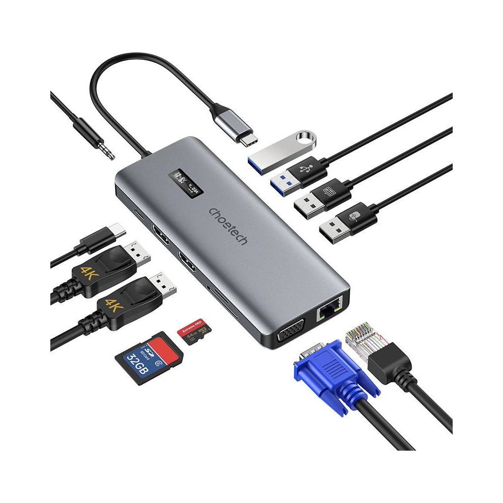 Hurtownia GSM - Adaptér 12w1 Choetech HUB-M26 USB-C na USB-C+ USB-A+ HDMI+ VGA+ AUX+ SD+ TF (šedý) - CHT41 - {ean13} - Hurt