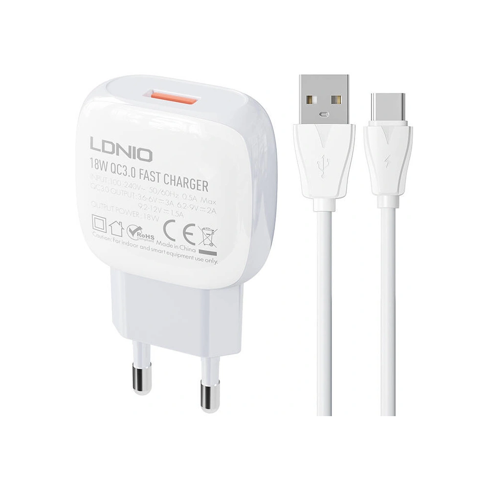 Hurtownia GSM - Încărcător de rețea LDNIO A1306Q 18W + cablu USB-C - LDN114 - {ean13} - Hurt