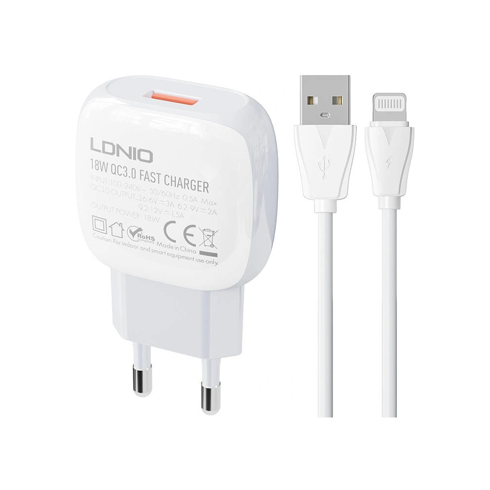 Hurtownia GSM - Ładowarka sieciowa LDNIO A1307Q 18W + kabel Lightning - LDN115 - {ean13} - Hurt
