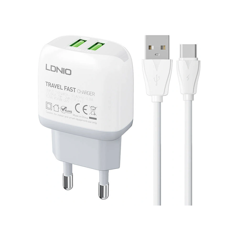 Wholesale LDNIO A2219 Wall Charger 2xUSB-A + USB-C cable - LDN134 - {ean13} - Hurt