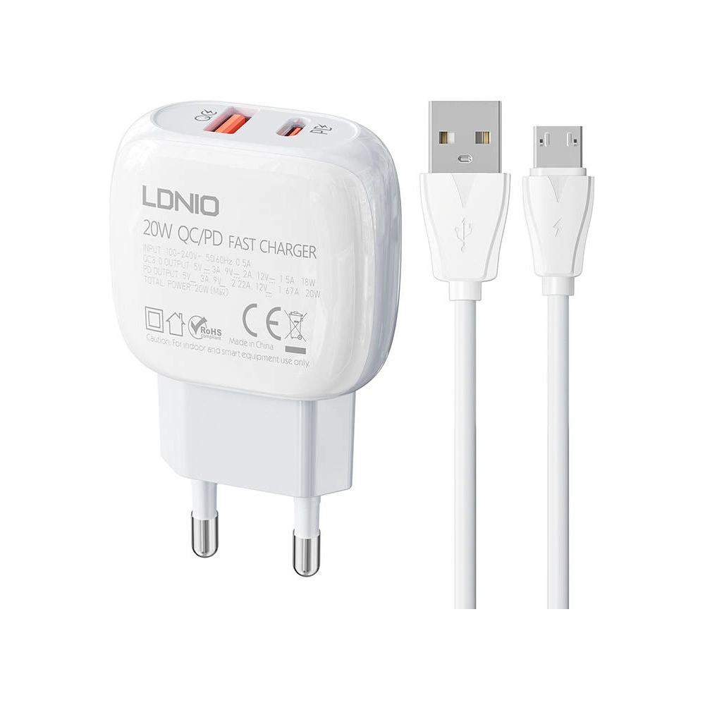 Wholesale LDNIO A2313C Wall Charger USB-A, USB-C 20W + microUSB cable - LDN136 - {ean13} - Hurt